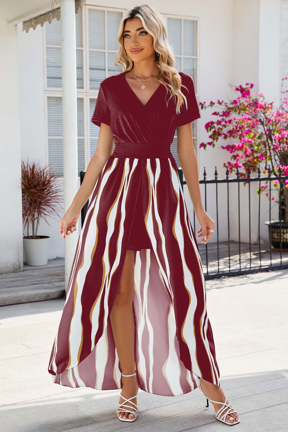 Smocked High-Low Printed Surplice Dress - store name